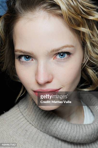Model Sasha Luss is seen backstage ahead of the Max Mara show during the Milan Fashion Week Autumn/Winter 2015 on February 26, 2015 in Milan, Italy.