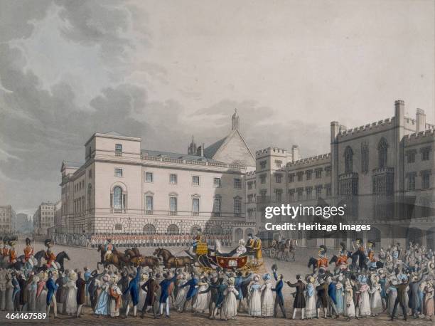 Crowds cheering Queen Victoria at Carlton House, London, . Loyal subjects wave their hats as the queen drives to and from her 'Trial' at the House of...