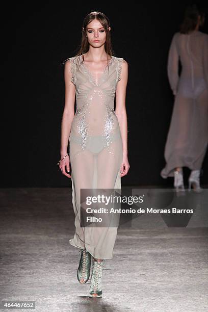 Model walks the runway at the Francesco Scognamiglio show during the Milan Fashion Week Autumn/Winter 2015 on February 25, 2015 in Milan, Italy.