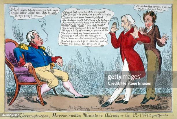 'The terror-stricken, horror-smitten minister's advice, or the R[oya]l visit postponed', 1830. The Duke of Wellington, attended by Sir Robert Peel,...