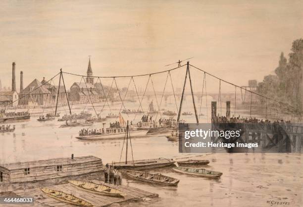 Charles Blondin crossing the Thames on a tightrope, London, before 1897. Blodin was a famous French acrobat.