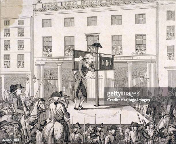 Mark Lane, London, 1783. Christopher Atkinson in the pillory outside the Corn Exchange, London, in the presence of the Sheriffs. Also showing crowds...