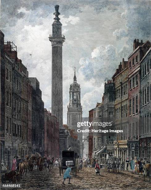 View south along Fish Street Hill, London, 1795 with Monument and the tower of St Magnus the Martyr on left. Also showing figures, carts, horses and...