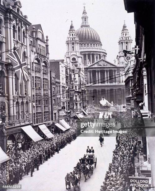Re-opening of St Paul's Cathedral, London, 1930. View of King George V and Queen Mary, consort of the King, processing down Ludgate Hill, following...