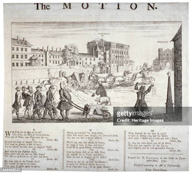 'The Motion', 1741. The Duke of Argyll, with a flaming sword, driving a coach from which Lord Carteret cries Let me get out.Several people are run...