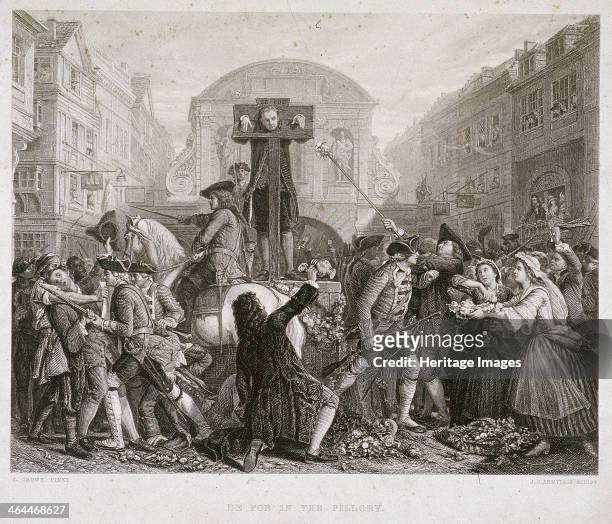 View of Daniel Defoe in the pillory at Temple Bar, London, c1840?, surrounded by a crowd.