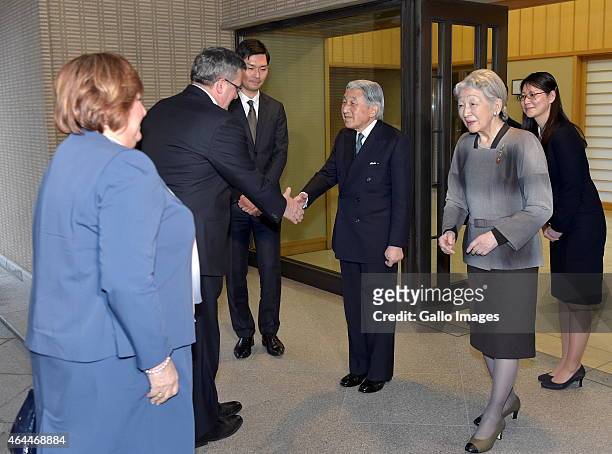 The Emperor Akihito and Empress Michiko of Japan meets with the President of Poland, Bronislaw Komorowski and the First Lady Anna Komorowski on...