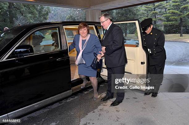 Lady Anna Komorowska and President Komorowski step out the limousine to meet The Emperor Akihito and Empress Michiko of Japan on February 26, 2015 at...