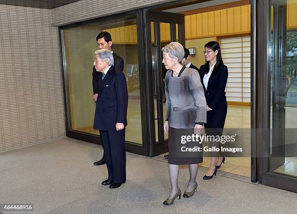 The Emperor Akihito and Empress Michiko of Japan waiting for the President of Poland, Bronislaw Komorowski and the First Lady, Anna Komorowski on...