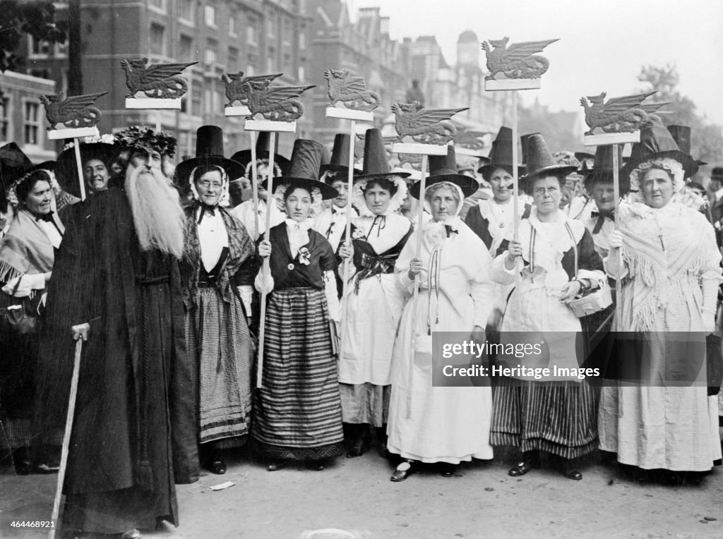 Welsh suffragettes in traditional costume on the women's coronation procession, 17th June 1911.