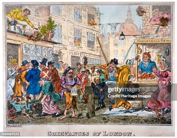 'Grievances of London', 1812. Scene on a busy street corner showing nuisances to passers-by. A woman watering plants from a window on the left knocks...