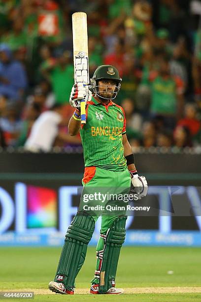 Sabbir Rahman of Bangladesh raises his bat after reaching 50 runs during the 2015 ICC Cricket World Cup match between Sri Lanka and Bangladesh at...