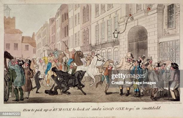People bargaining for mounts at West Smithfield, London, 1825. Child chimney-sweeps covered in soot ride a donkey. A white horse panics and runs...