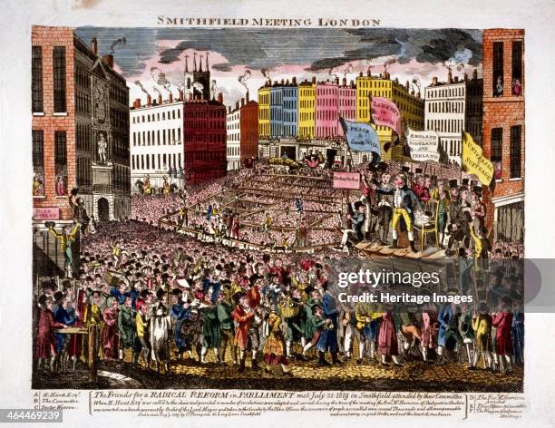 Political meeting at Smithfield, London, 1819. A meeting of radical reformers presided over by Henry Hunt on July 21st 1819. People crowd towards the...