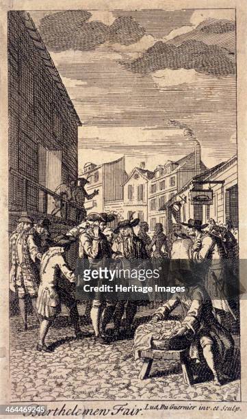 Bartholomew Fair, London, c1715. In the middle distance a man stands behind another man and distracts him by tickling his ear, thereby allowing him...