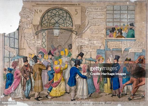 'The moving panorama, or Spring Garden rout...', 1823. Crowds attending the entertainments at Vauxhall Gardens, London, gathered around a doorway. A...