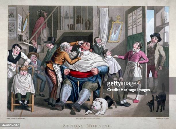 'Sunday Morning', c1825. Scene inside barber's shop; a hop boy receives a haircut ; a large man being brutally shaved bellows with rage ; another...