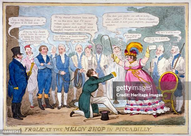 Frolic at the melon shop in Piccadilly', 1826. The scene is set in the garden of Mrs Coutts' house, Stratton Street where she threatens the Duke of...