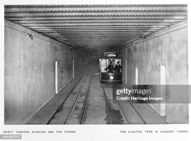 The electric tram in Kingsway Tunnel, London, c1900. The tram covered the Angel, Islington route possibly stopping at the Gaiety Theatre, Aldwych and...