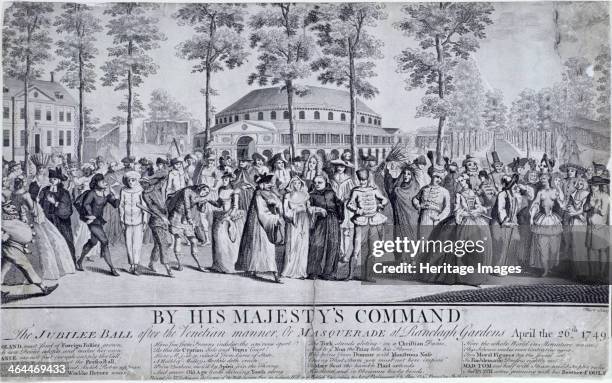 Jubilee Venetian masquerade ball in Ranelagh Gardens, Chelsea, London, 1749. People in fancy dress for a masquerade ball; some are dressed as monks...