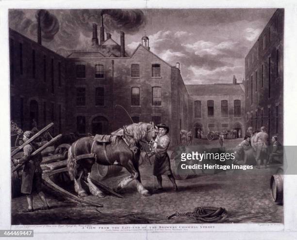 East end of Whitbread's Brewery, Chiswell Street, Islington, London, 1792. A man tends to the draught horse, while workers push barrels or stop to...
