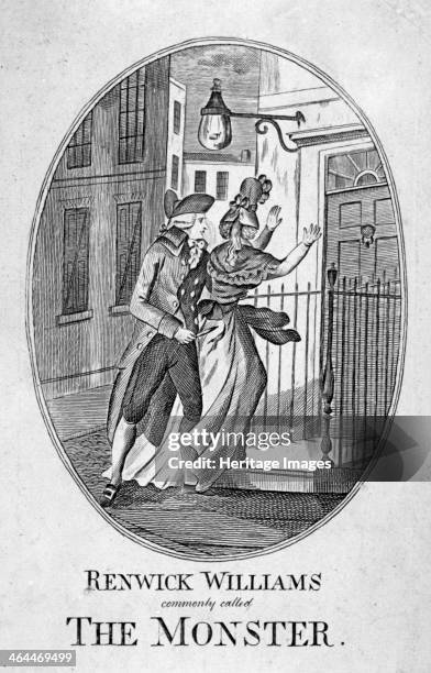 'Renwick Williams commonly called the Monster', 1790. A good looking man in cocked hat, holding a knife in his right hand, attacking a woman who is...