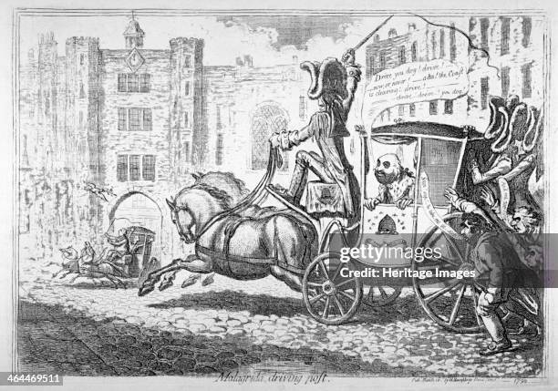 'Malagrida driving post', 1792. A carriage driving at a gallop down St James's Street, London, towards the gateway of St James's Palace. Lord...