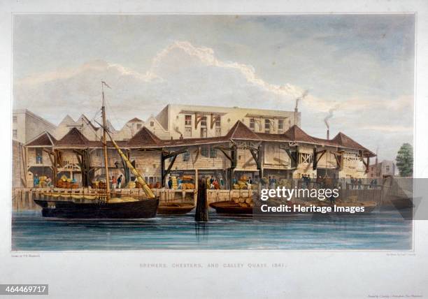 Brewer's Quay, Chester Quay and Galley Quay, Lower Thames Street, City of London, 1841. View with figures and vessels on the water.