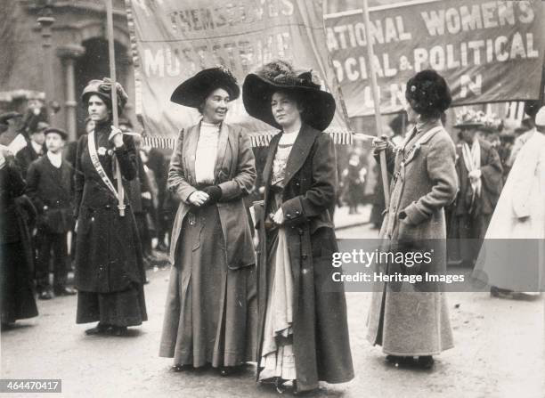 Christabel Pankhurst at a suffragette demonstration, c1910. Behind is a banner for the Women's Social and Political Union, one of the principal...