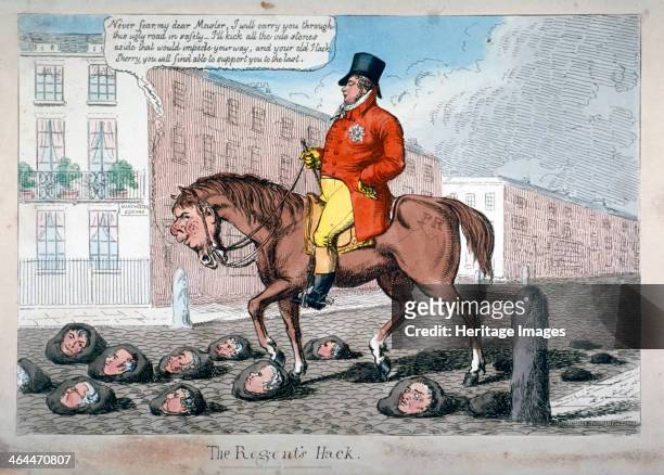 'The Regent's Hack', 1812. The Prince Regent riding a horse, with the head of Sheridan, along a street which is strewn with large stones on which are...