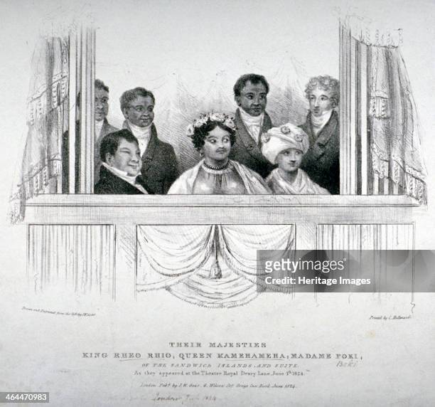 Members of the Hawaiian royal family at the Theatre Royal, Drury Lane, Westminster, London, 1824. 'Their Majesties King Rheo Rhio, Queen Kamehameha,...