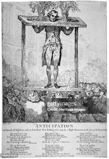 'Anticipation ...', 1784. Christopher Atkinson in the pillory between two sheaves of corn, outside the Corn Exchange, Mark Lane, London. He was at...