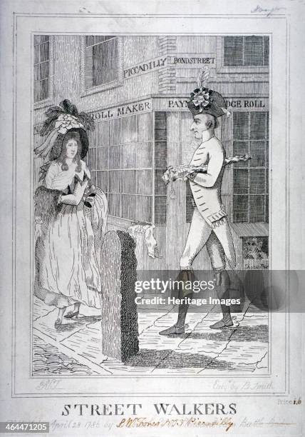 'Street Walkers', 1786. A fashionably dressed man walking from Old Bond Street into Piccadilly encountering a courtesan.