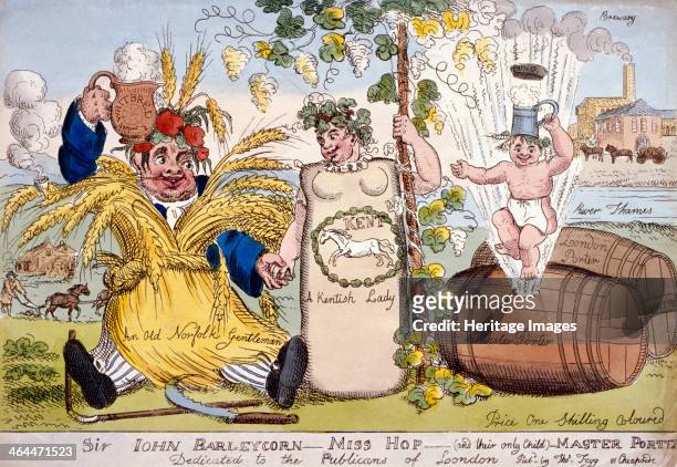 Sir John Barleycorn - Miss Hop...; c1800. Scene showing a stout man crowned with barley and poppies and bound in a sheaf of barley, sitting on the...