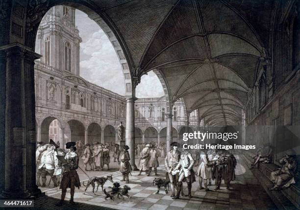 View of the courtyard in the Royal Exchange with merchants and brokers, City of London, 1788.