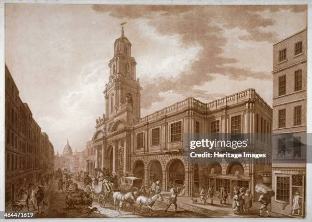 The Royal Exchange, City of London, 1788. Exterior view with horse-drawn traffic and figures in the street.