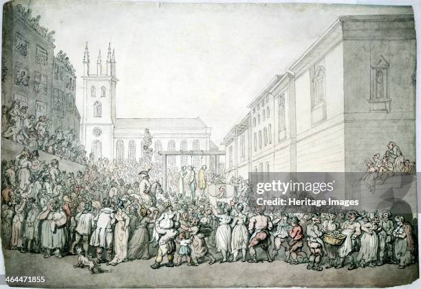 Public execution at Newgate, London, late 18th century. In the centre of the picture three people have been hanged. The picture is crammed full of...