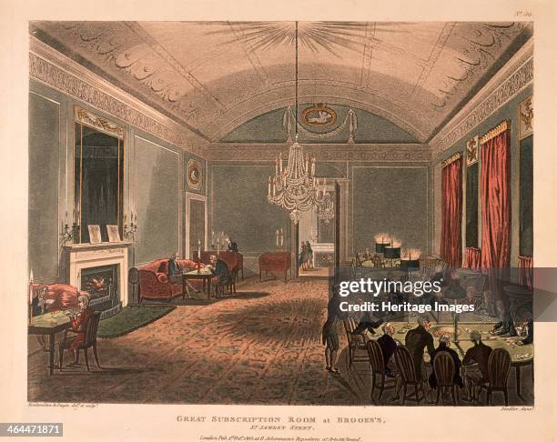 The Great Subscription Room, Brooks's Club, St James's Street, London, 1808. The men are participating in various card games, either in pairs, or as...