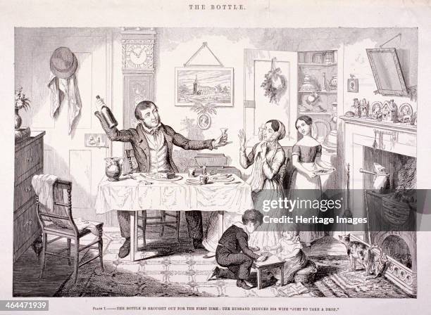 'The Bottle', 1847; showing an interior domestic scene with the husband encouraging his wife to take a drop of alcohol from the bottle he is holding....