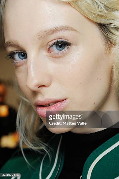 Model is seen backstage ahead of the Max Mara show during the Milan Fashion Week Autumn/Winter 2015 on February 26, 2015 in Milan, Italy.