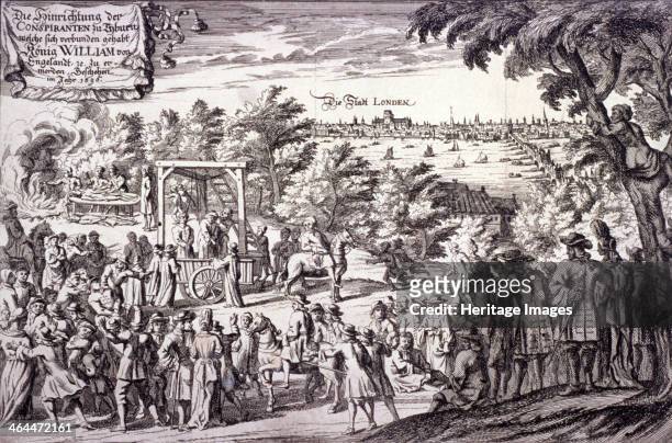 Scene at Tyburn, Paddington, London, 1696; showing crowds gathered to watch a hanging. The triple gibbet and cart used for hanging can be seen in the...