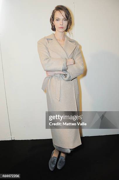 Model is seen backstage ahead of the Max Mara show during the Milan Fashion Week Autumn/Winter 2015 on February 26, 2015 in Milan, Italy.