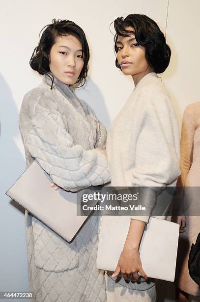 Models are seen backstage ahead of the Max Mara show during the Milan Fashion Week Autumn/Winter 2015 on February 26, 2015 in Milan, Italy.