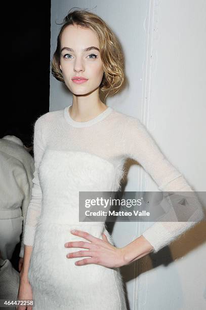 Model is seen backstage ahead of the Max Mara show during the Milan Fashion Week Autumn/Winter 2015 on February 26, 2015 in Milan, Italy.