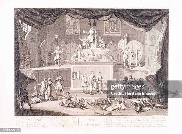 'The Lottery', 18th century. A theatre stage upon which the allegorical figures of virtue and vice perform a production. Hogarth explains all the...