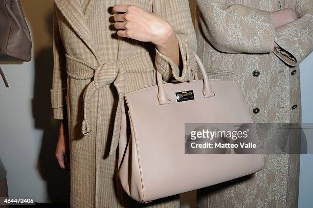 Model is seen backstage ahead of the Max Mara show during the Milan Fashion Week Autumn/Winter 2015 on February 26, 2015 in Milan, Italy.