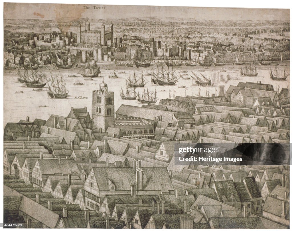 View of the Tower of London from the south with boats on the River Thames, 1647. Artist: Anon