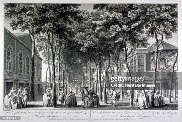 Marylebone Gardens, London, 1755. View of Marylebone Gardens showing figures strolling through the area and the orchestra playing in the building on...