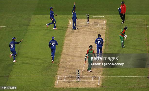 Tillakaratne Dilshan of Sri Lanka celebrates taking the wicket of Shakib Al Hasan of Bangladesh during the 2015 ICC Cricket World Cup match between...