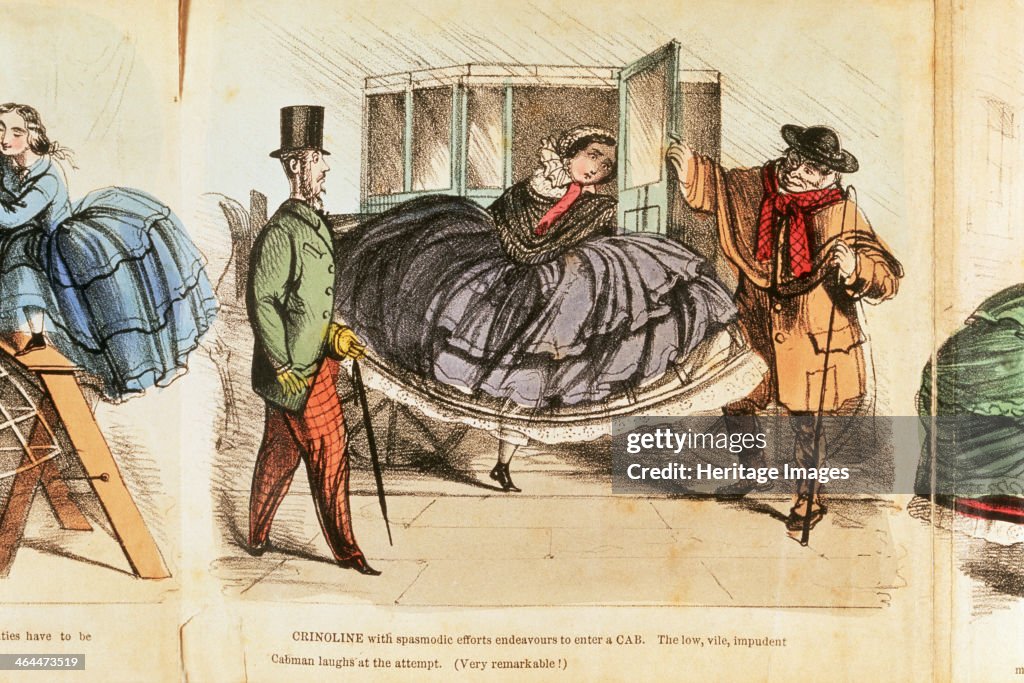 Woman struggling to enter a cab, c1860.